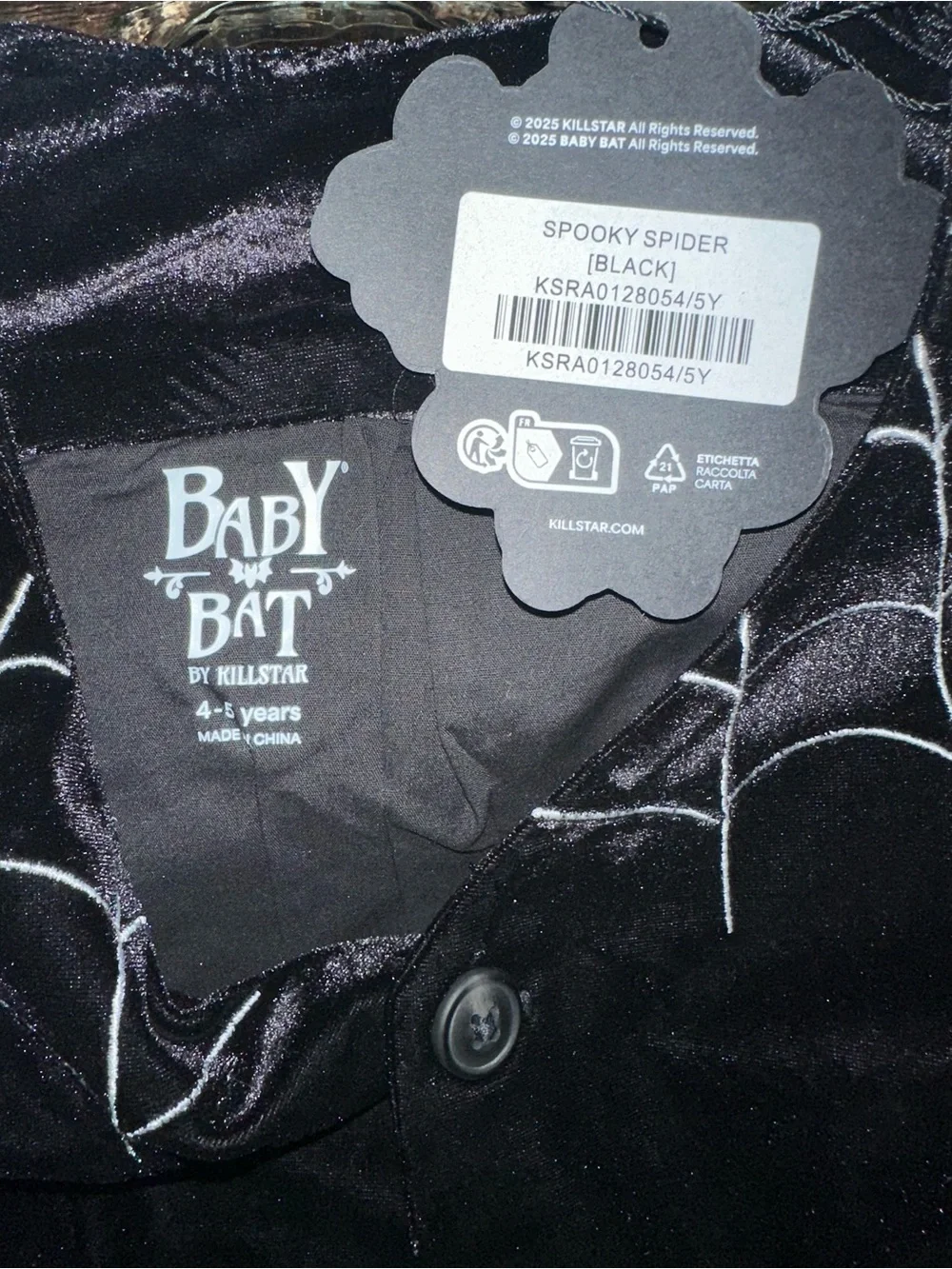 Killstar Black Velvet Kids Outfit White Spiderweb Embroidery